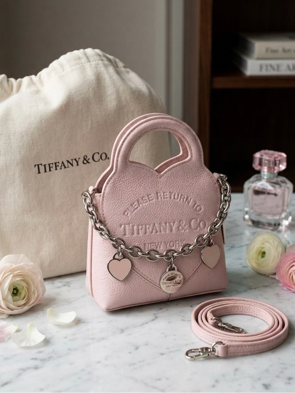 Authentic Tiffany & Co. Soft Pink Leather Mini Bag with Heart Charm Chain